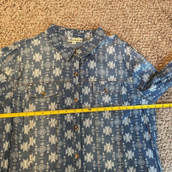 Size XL Tarzana long sleeved distressed denim Aztec western button down shirt - Picture 2 of 12